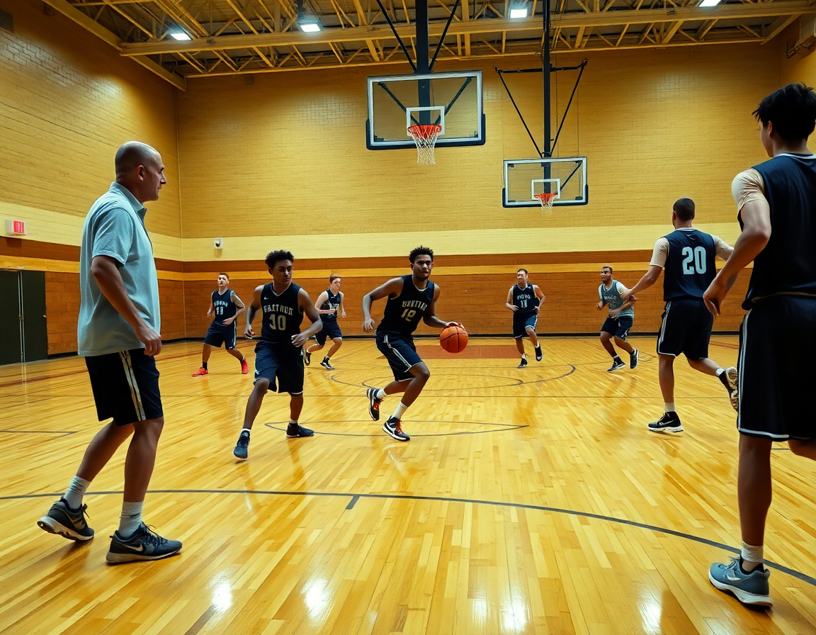 Dettaglio di un drill di basketball sul parquet, con allenatore e giocatori in azione.