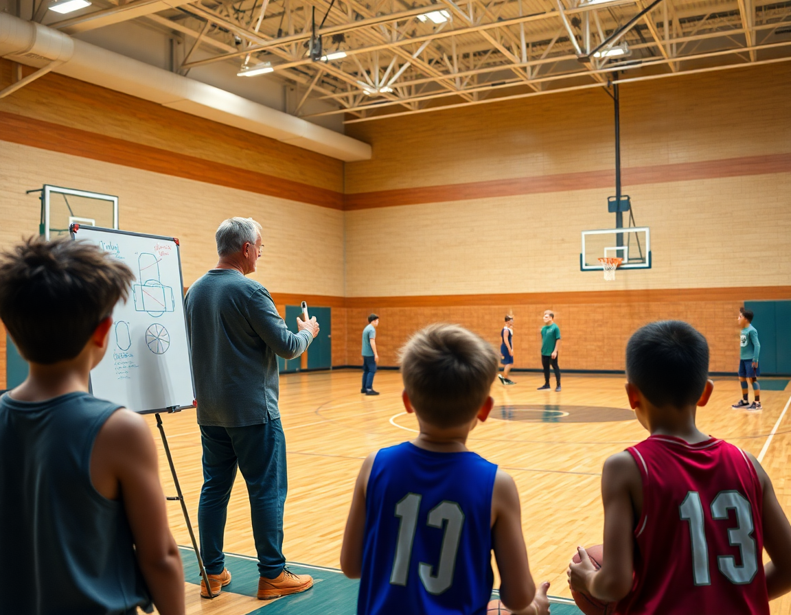Scena: allenatore vicino alla lavagna in palestra, corso allenatore minibasket Lombardia durante un allenamento.