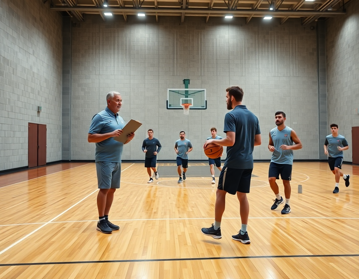 Allenatore e team praticano una rimessa guidata, corso allenatore minibasket online mostrato in scena.