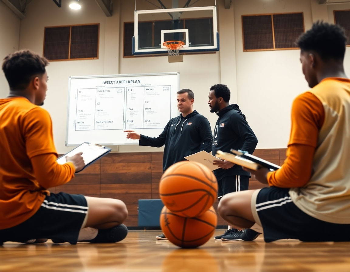 Primo piano di una scena per il corso allenatore regionale in formazione basket, coach e giocatori sul parquet.