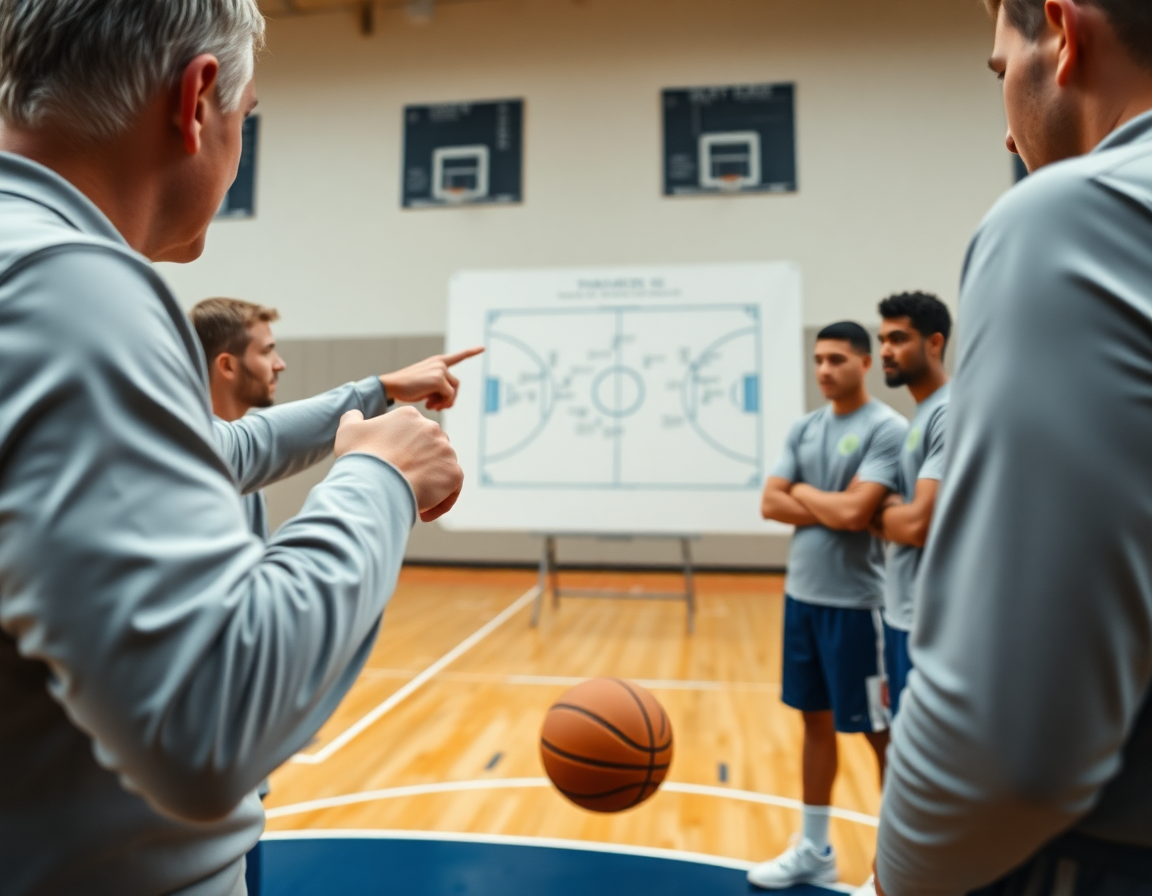 Primo piano sull'allenatore che indica una tattica di basket sulla lavagna; corso allievo allenatore basket 2025 emilia romagna.