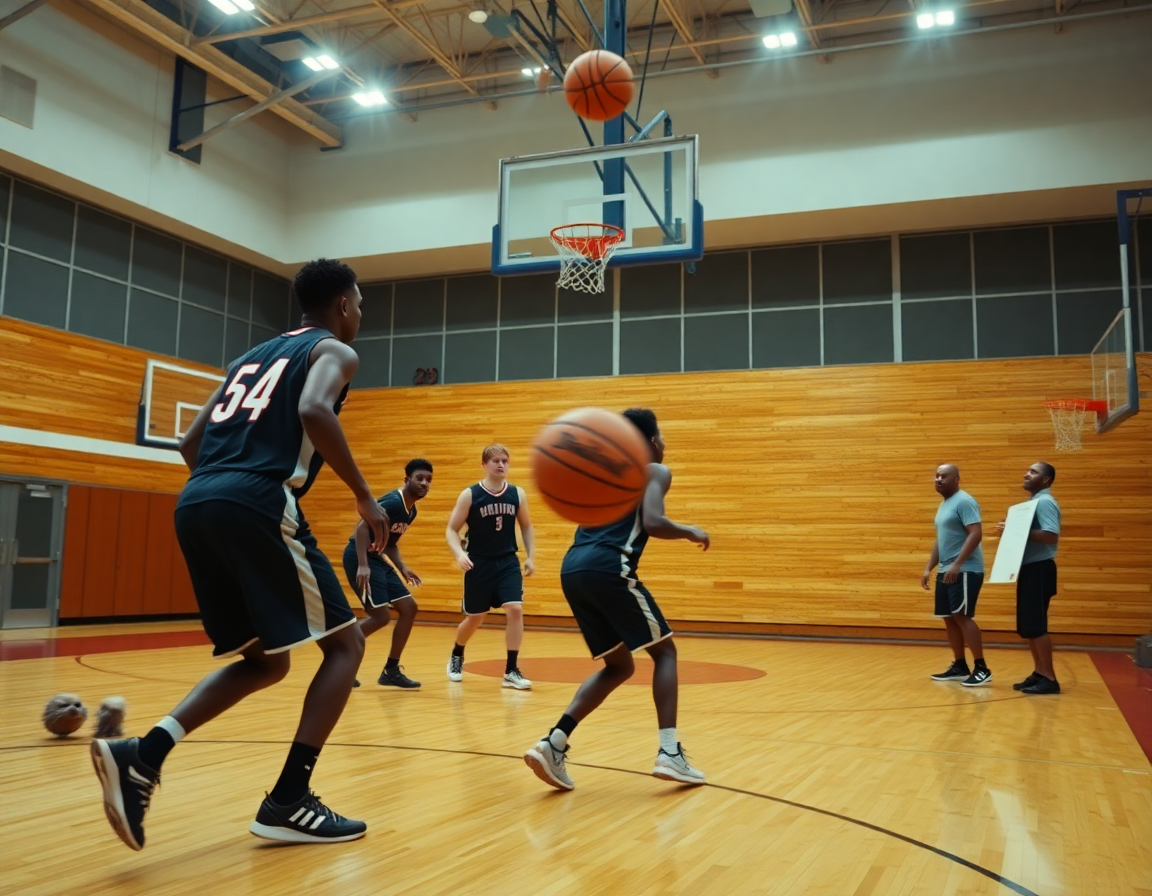 Primo piano cote d'ivoire basket u16 in palestra: giocatori in drill di basket sotto la guida del coach.