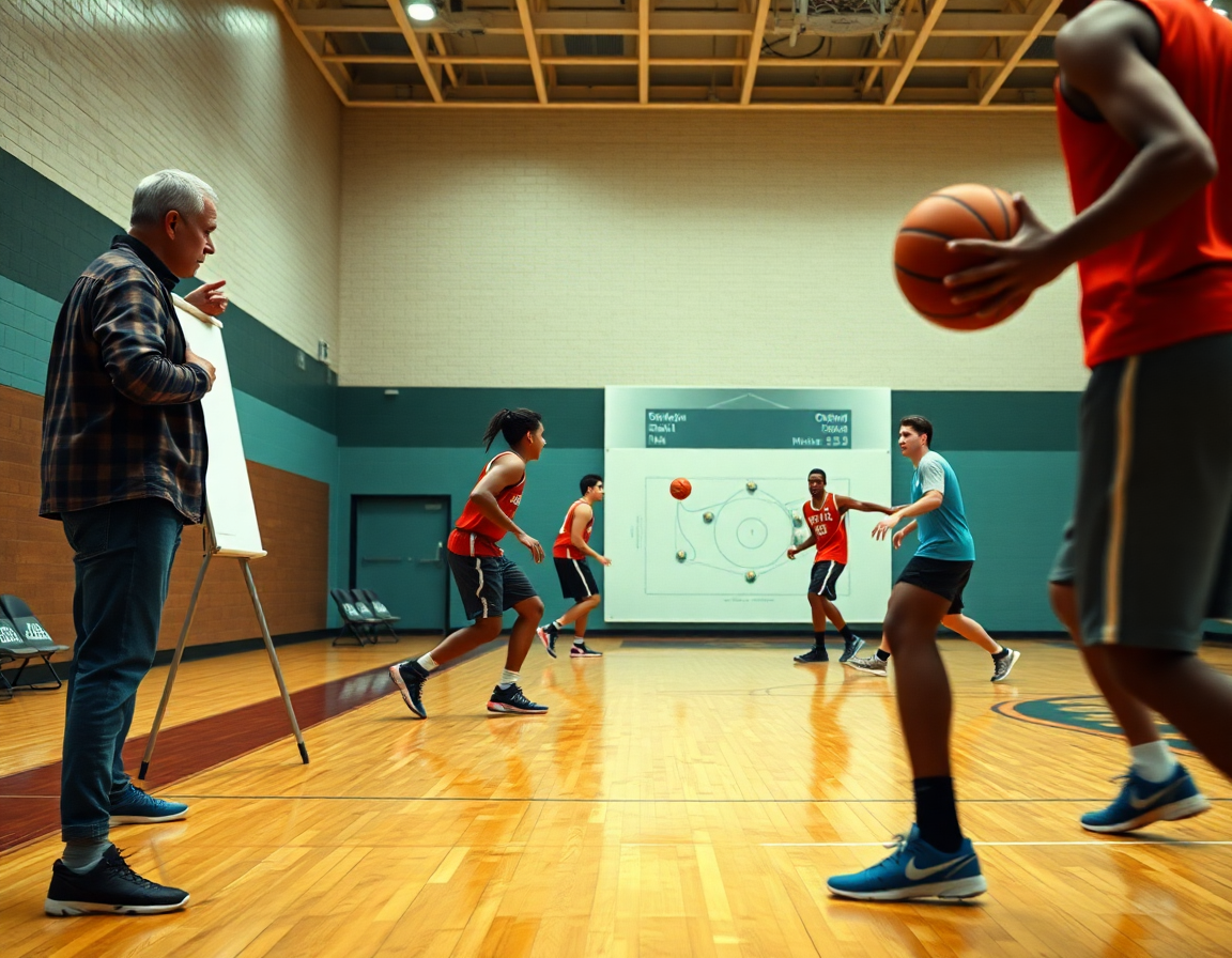 Una scena di allenamento di basket con coach e giocatori che passano la palla in palestra.