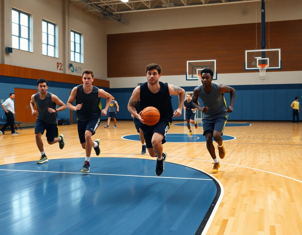 Allenamento di transizione a campo pieno e ritmo di tiro con pallone da basket.