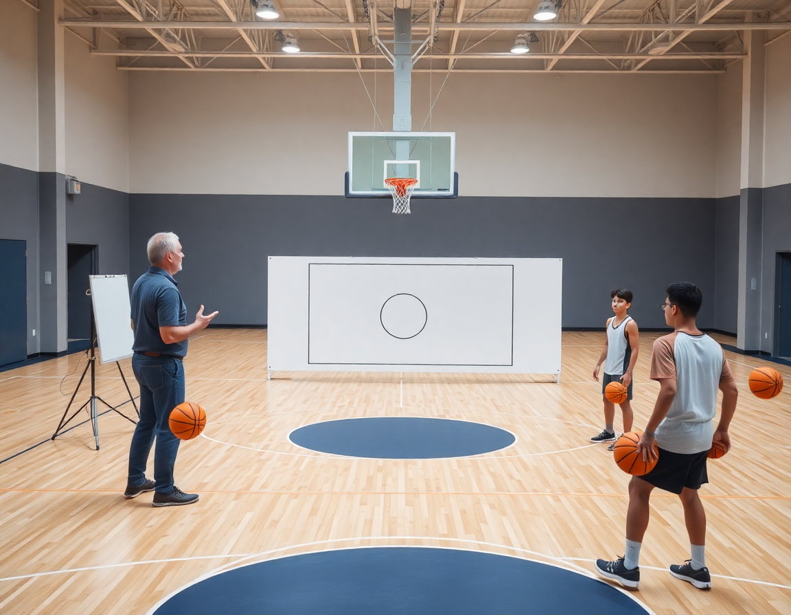 Inquadratura di una difesa a zona basket in palestra, coach al fianco della lavagna tattica.