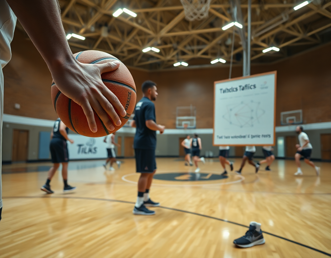 Primo piano sulle mani che palleggiano una palla arancione, l'allenatore indica una lavagna tattica per basketball.