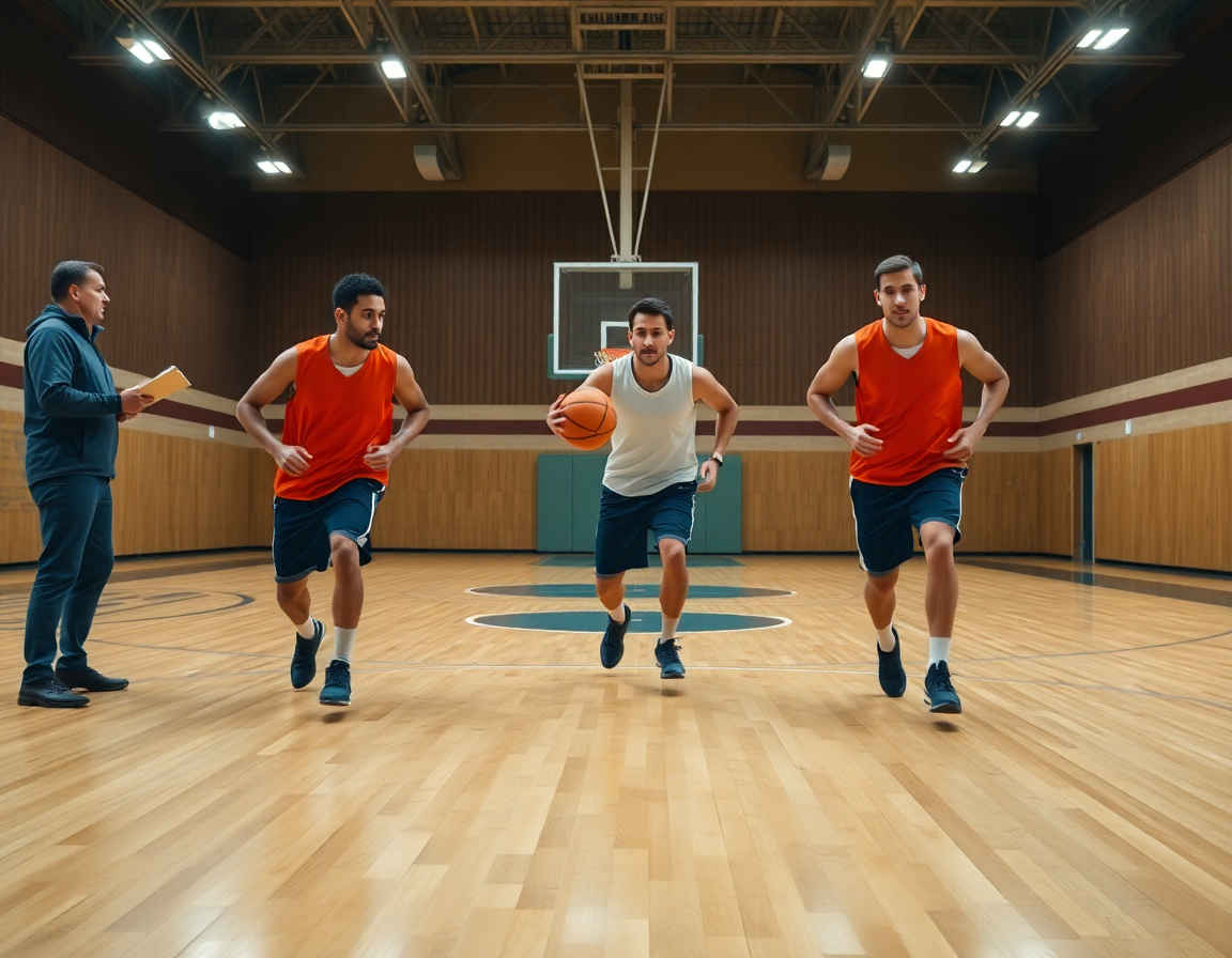 Tre giocatori in abbigliamento da allenamento eseguono rotazioni sul parquet di legno, evidenziando la difesa a zona basket.