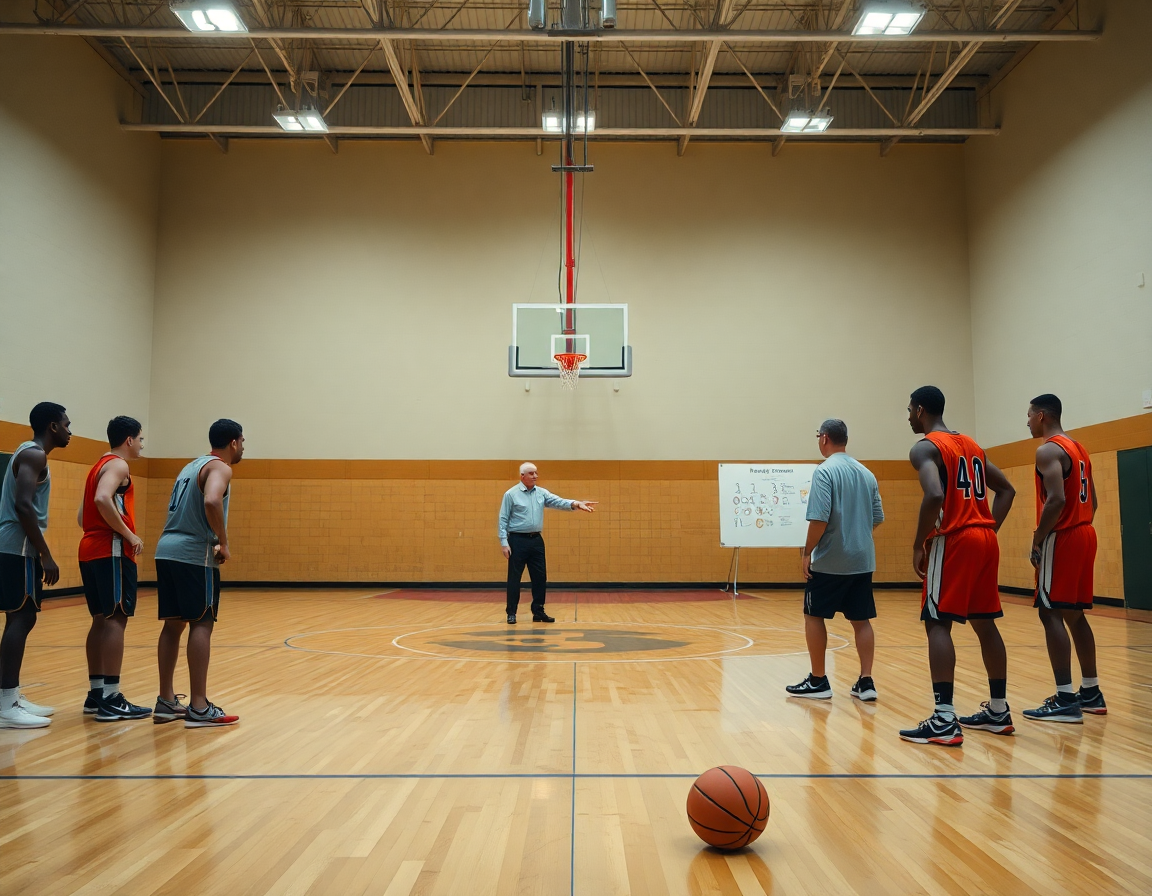 Varianti di zona nel basket in azione: giocatori cambiano posizioni guardando una lavagna tattica.