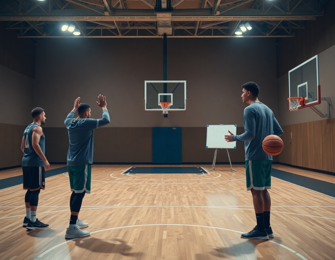 Due giocatori in difesa basket esercizi vicino al punto alto del campo, guidati dal coach.