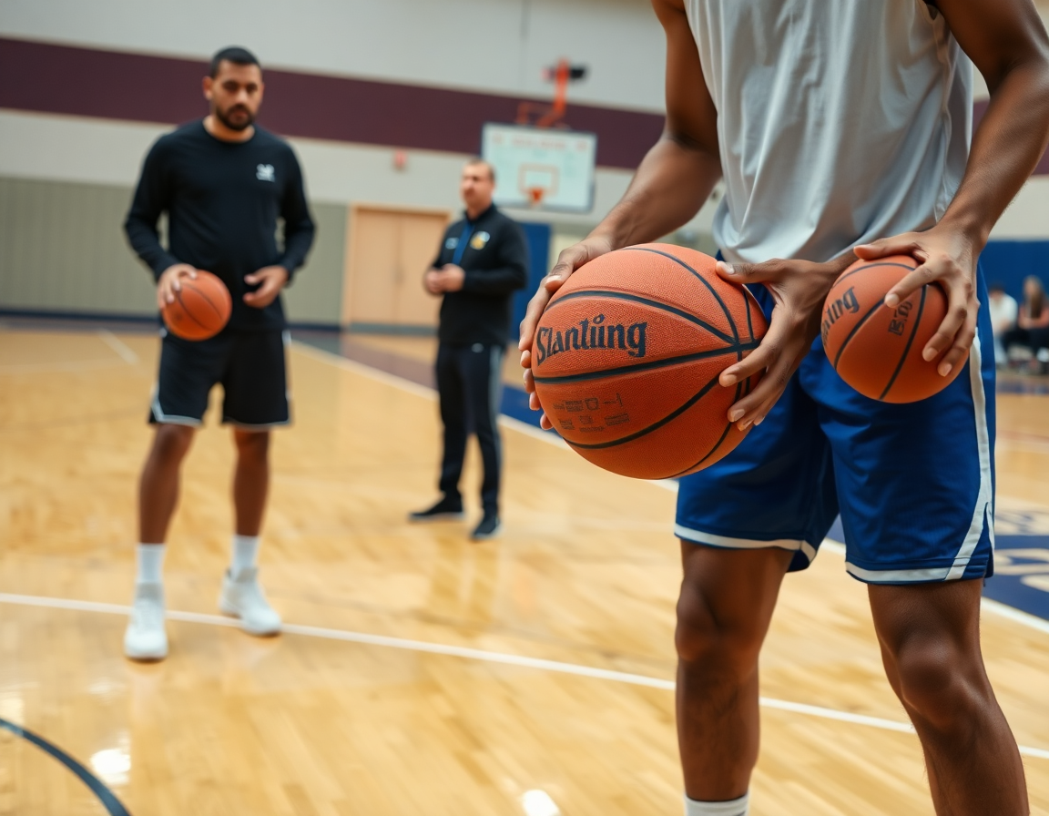 Primo piano sulle mani di un giocatore che impugna una basketball durante un drill di chiusura difensiva.