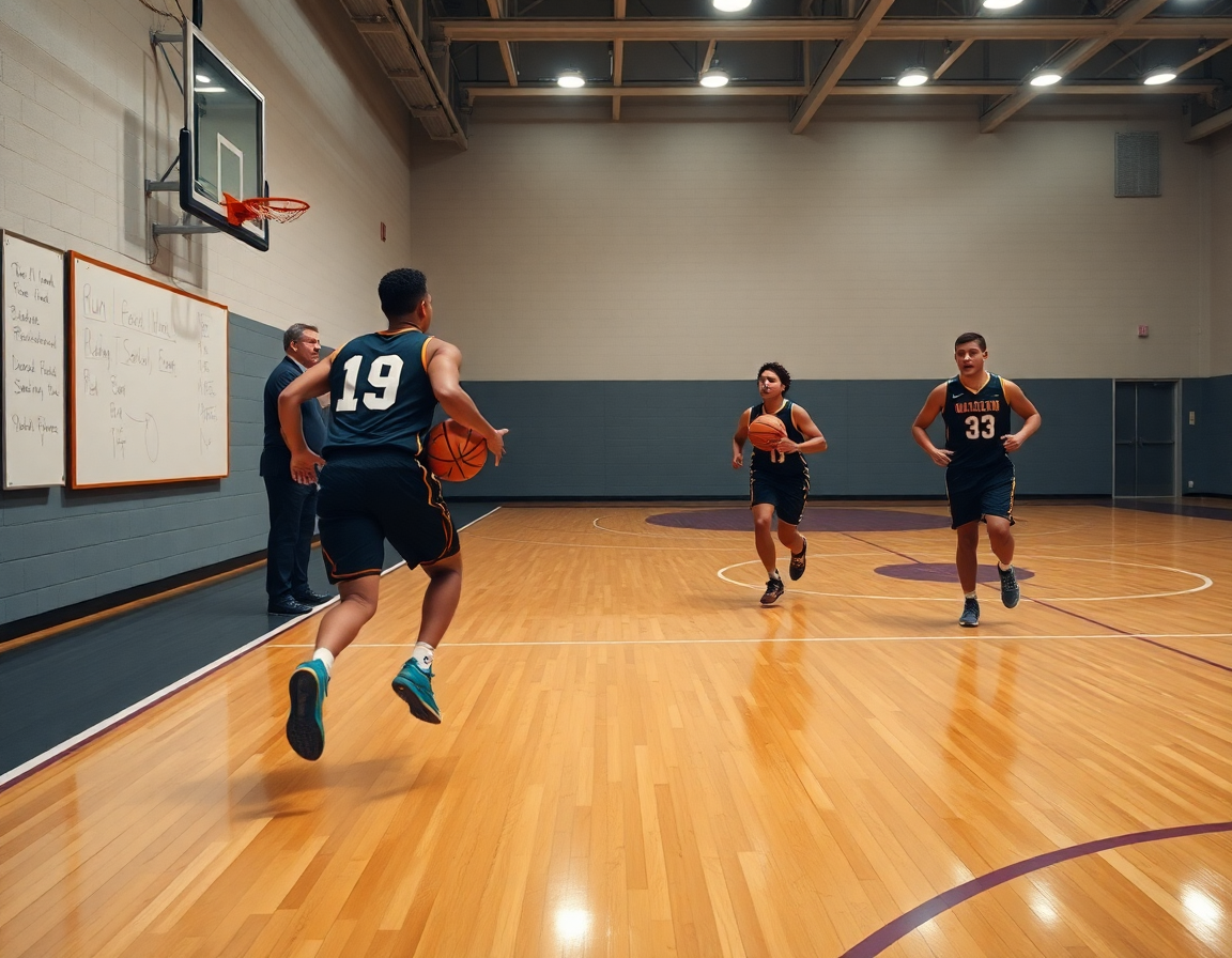 Team in allenamento esegue la difesa basket run and jump sul parquet della palestra durante l'allenamento.