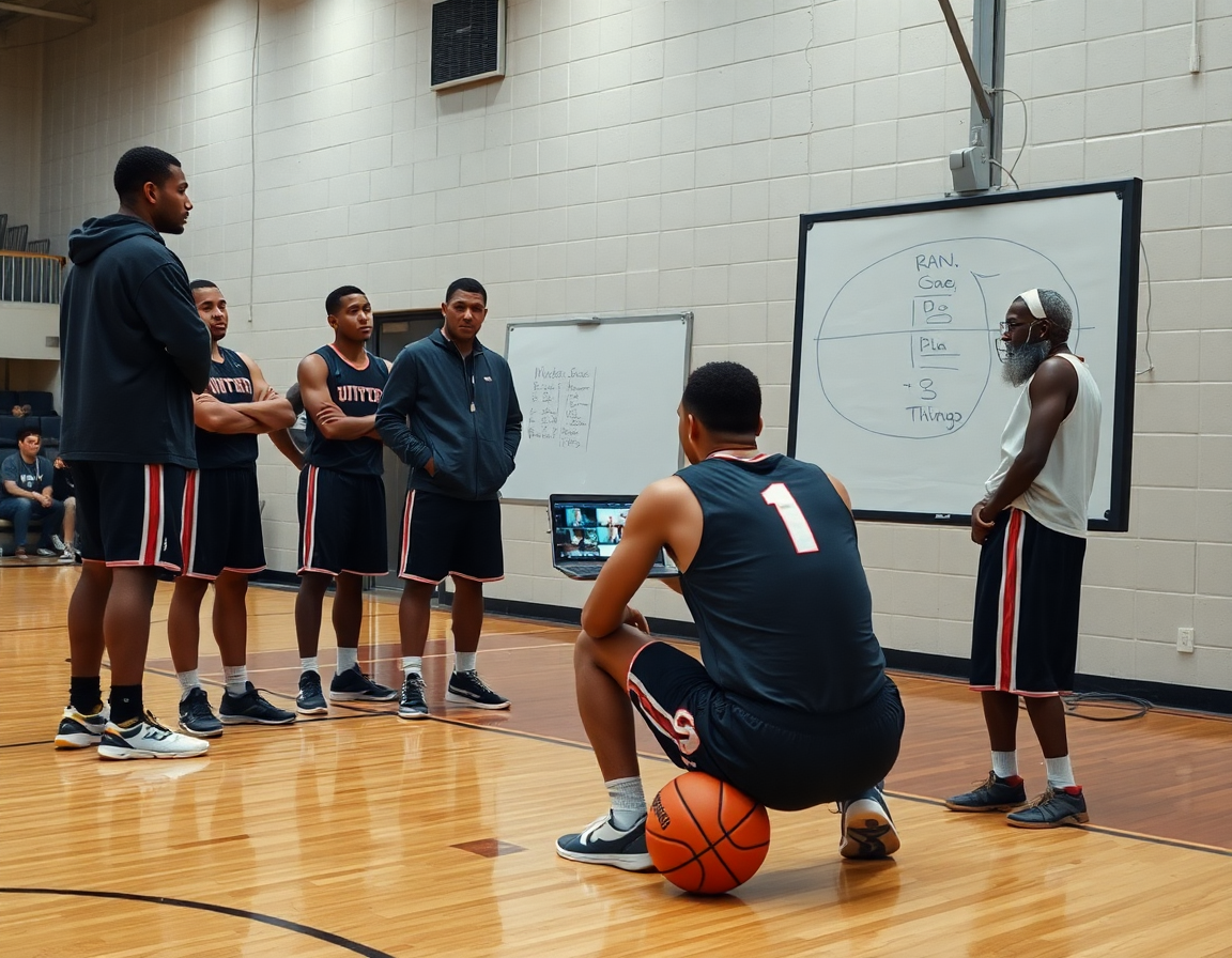 Revisione video della difesa basket run and jump durante l'allenamento sul campo.