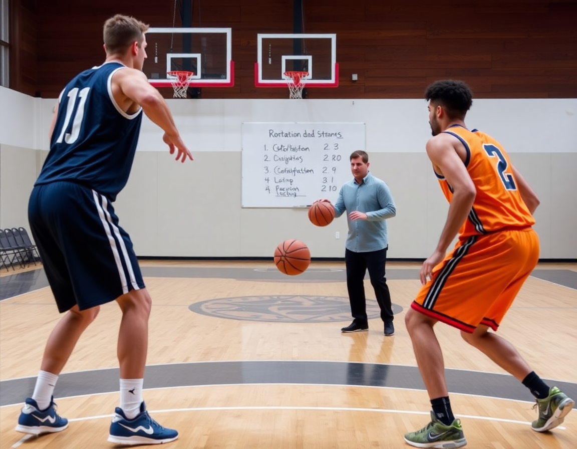 Dettaglio di una difesa guardia aperta basket durante rotazione difensiva in palestra.