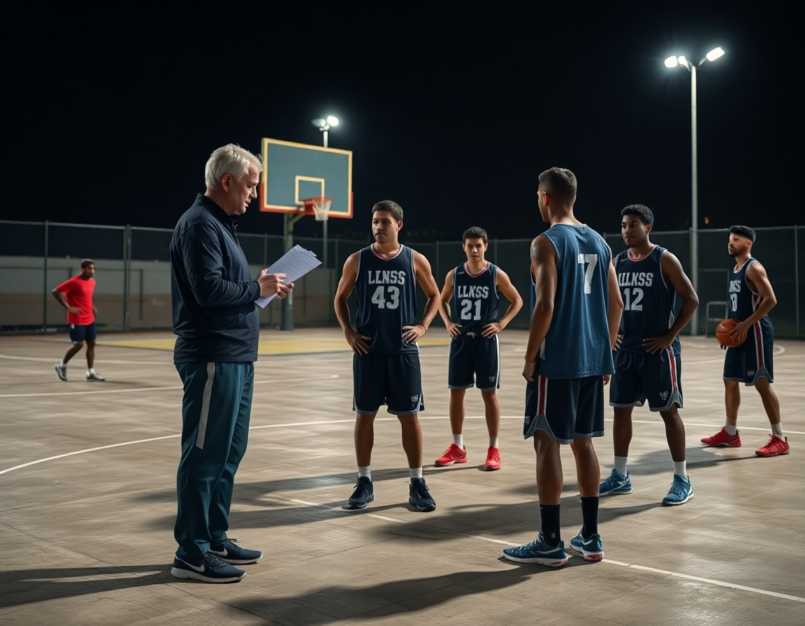 Scouting difesa individuale basket all'aperto su campo di basket; coach con clipboard e palloni disponibili.