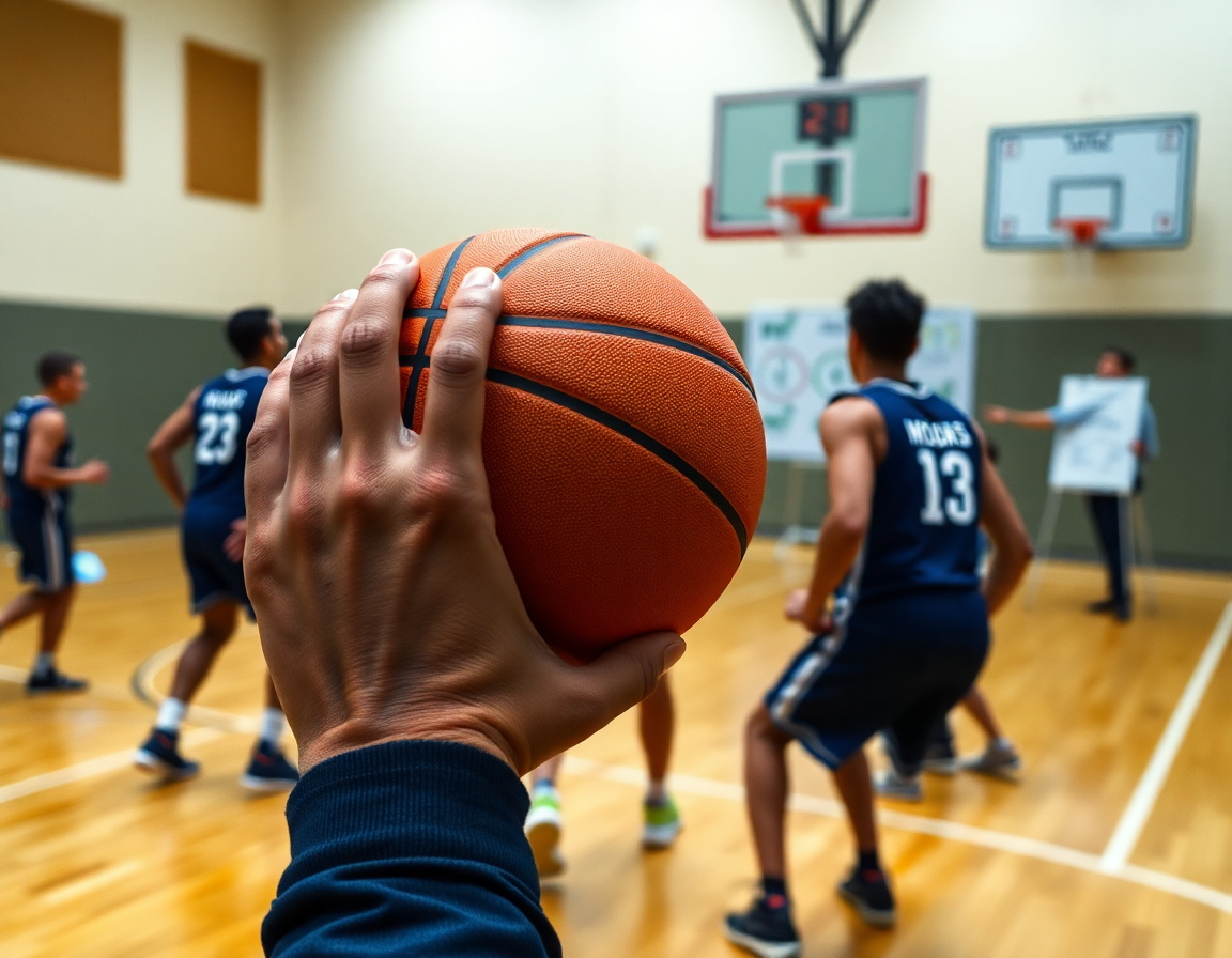 Primo piano sulle mani che controllano una palla arancione durante un drill di difesa post basso basket.