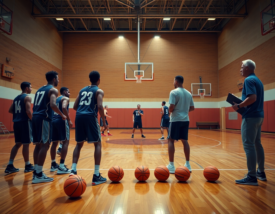 Scena di rotazioni difensive sul campo completo: il coach guida lo spostamento dei giocatori durante l'allenamento basket.