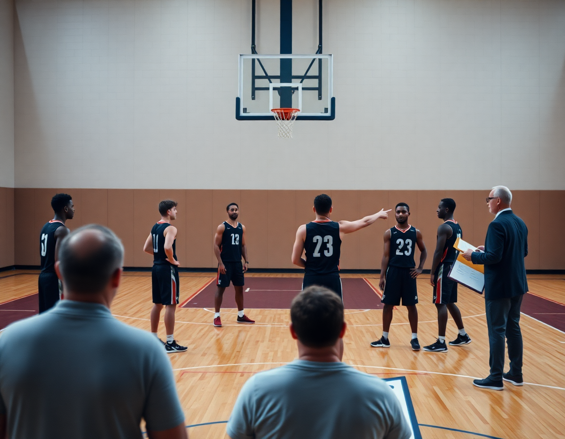 Cinque giocatori di basket, basket difesa zona 3 2, disposti sul campo mentre l'allenatore indica le posizioni.