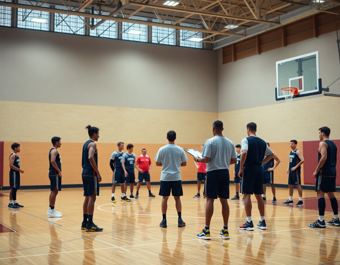 Giocatori in formazione 3-2 e 2-3, coach con clipboard mostra rotazioni della difesa zona basket.