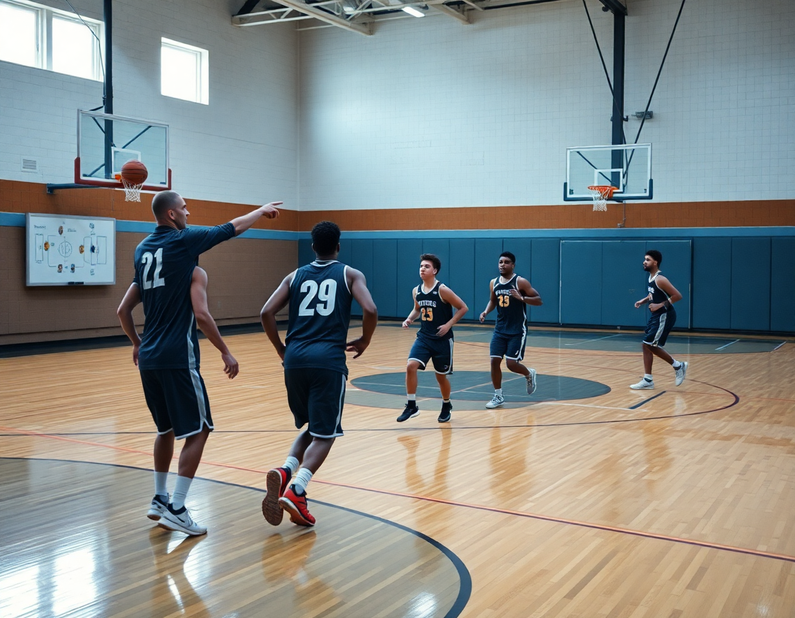 Pratica di esercizi attacco basket guidata dal coach mentre i giocatori eseguono passaggi e tagli.