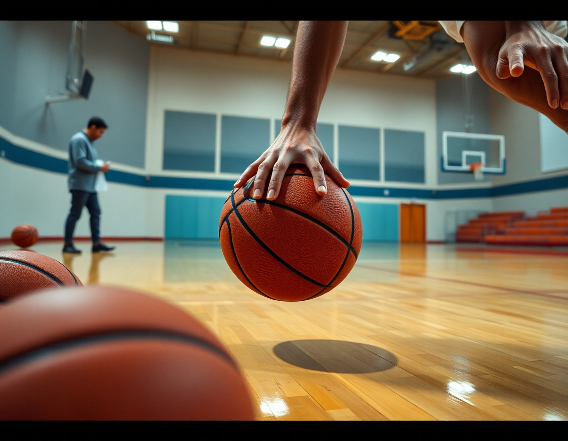 Dettaglio: mani sul pallone durante esercizi attacco basket, lavorando su palleggio e ritmo offensivo.
