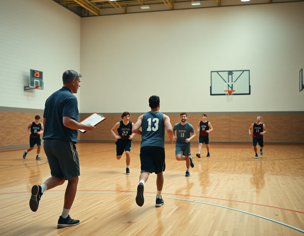 Momento di squadra: esercizi attacco basket in transizione completo, coach coordina tocco di campo offensivo.