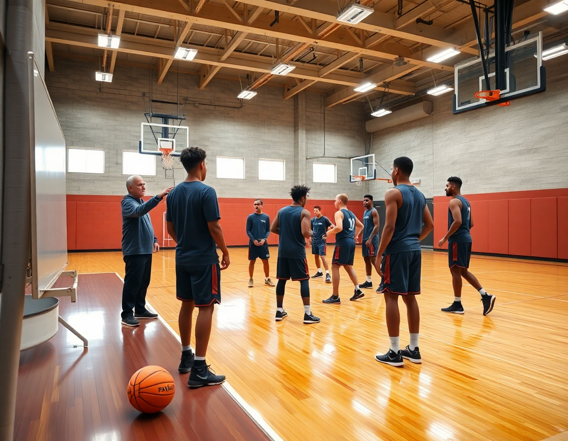 Allenatore spiega esercizi basket aiuto e rotazione durante l'allenamento in palestra con i giocatori.