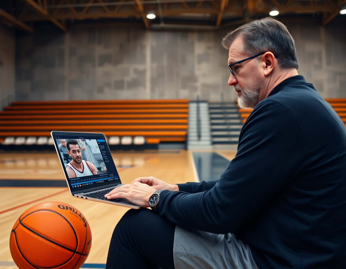Allenatore rivede esercizi basket aiuto e rotazione su laptop, archiviando clip di basket.