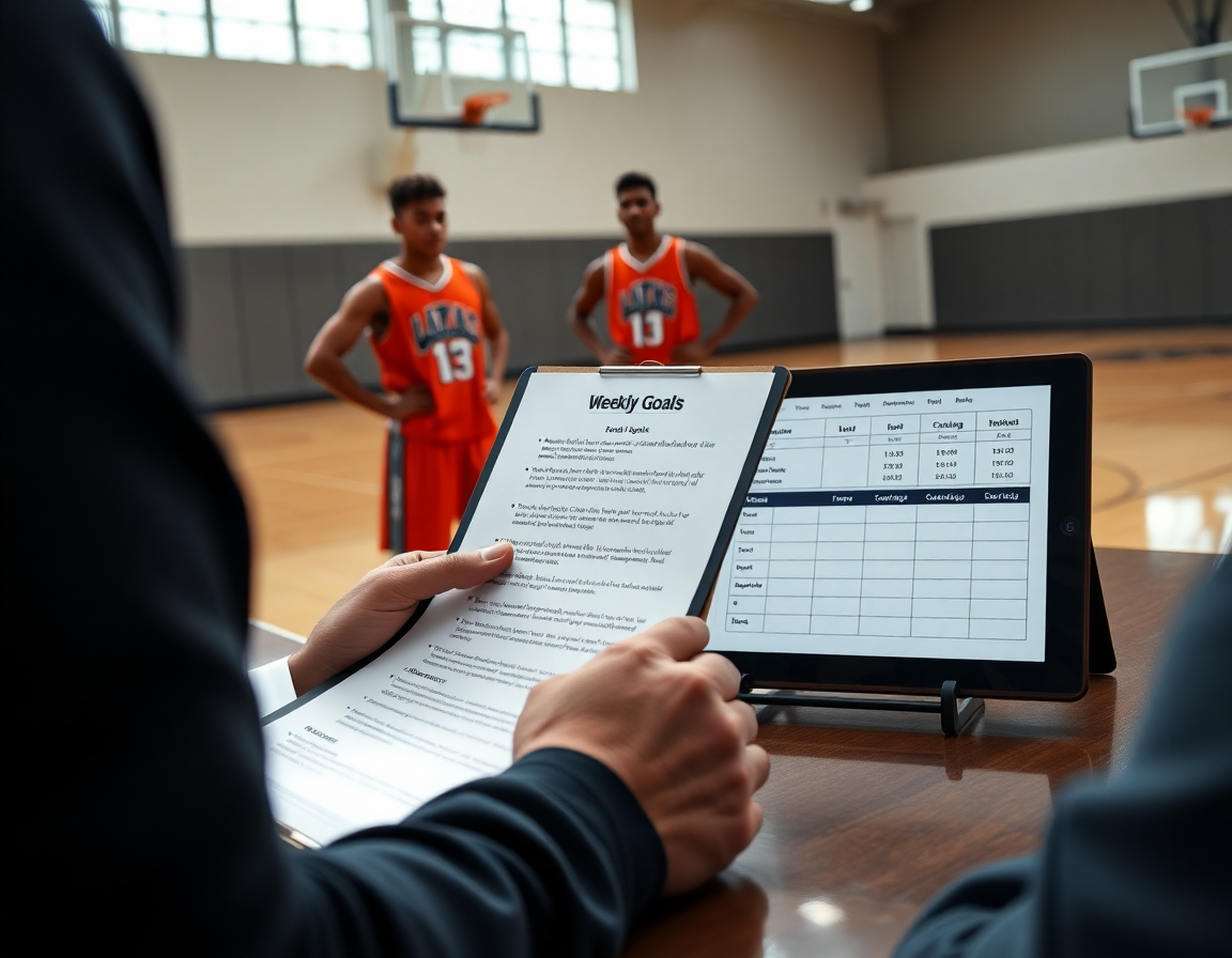 Primo piano su obiettivi settimanali per esercizi basket femminile e progressi del team.
