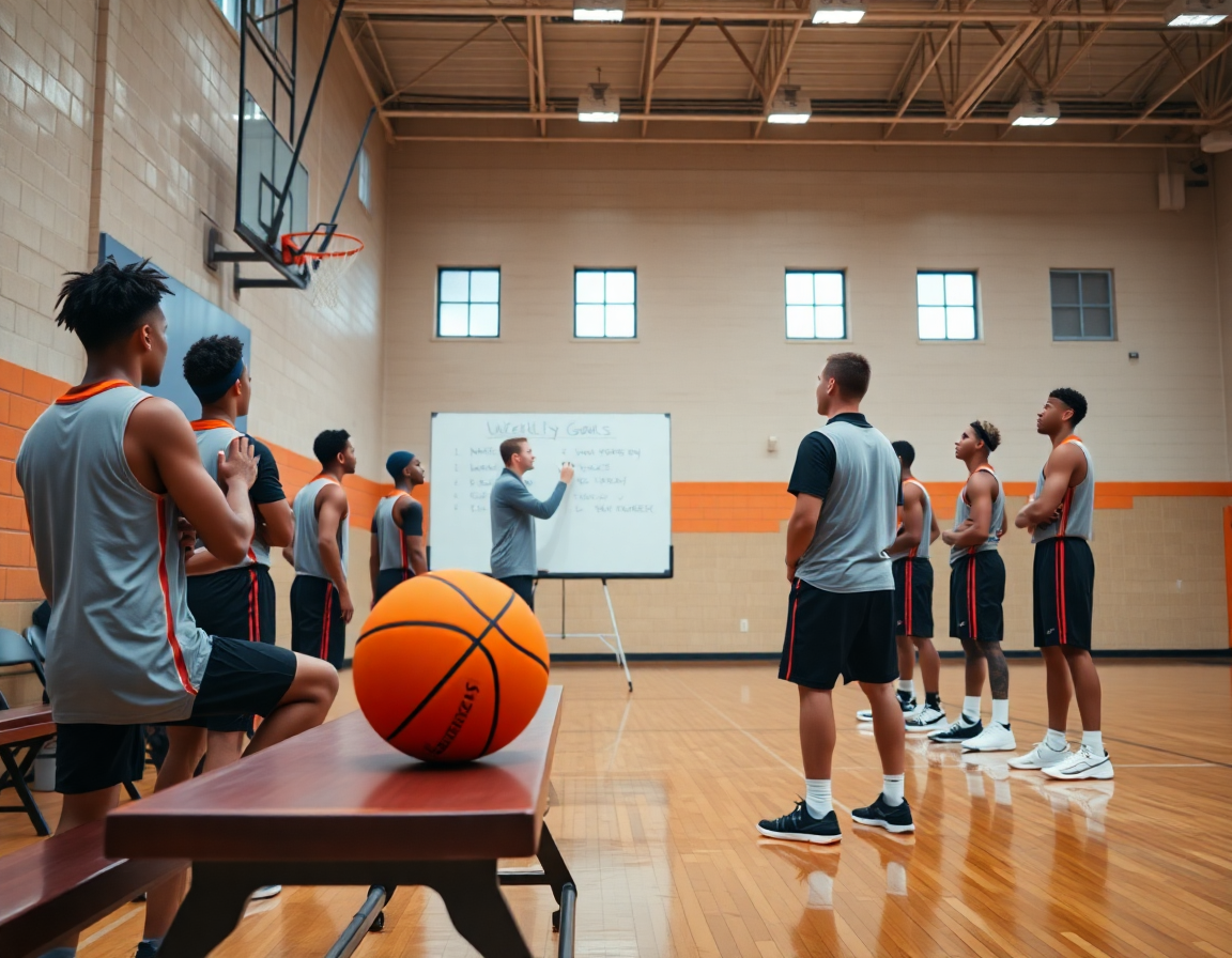 Allenatore presenta esercizi basket scuola media e obiettivi settimanali durante una sessione in palestra.