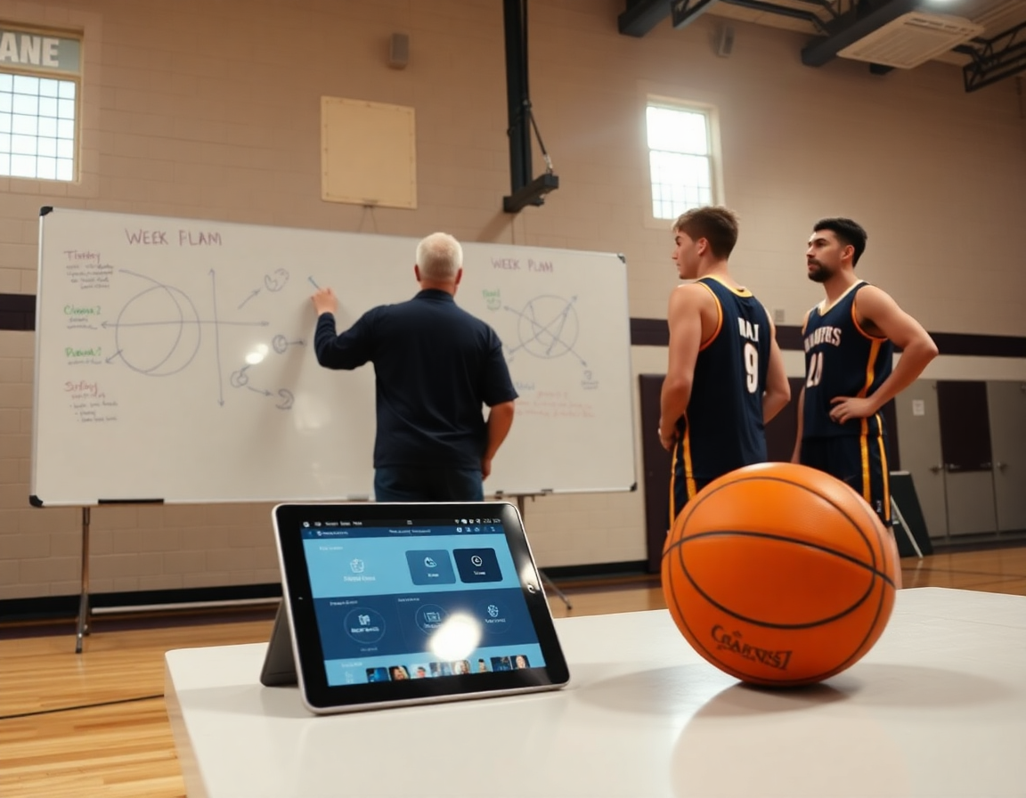 Allenatori discutono lo schema tattico basket scuola media con lavagna e esercizi basket scuola media di azione.
