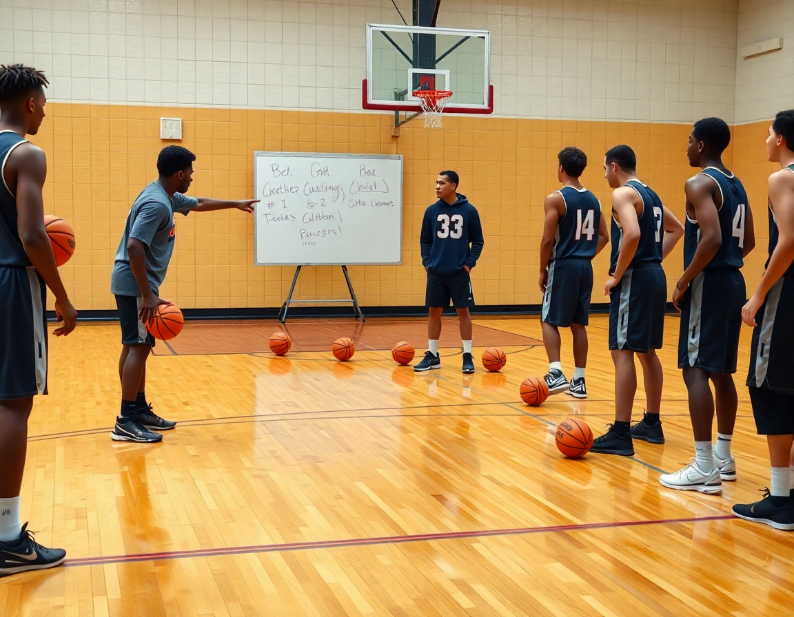 Scena di esercizi basket scuola superiore: coach guida la squadra in un repertorio di basketball.