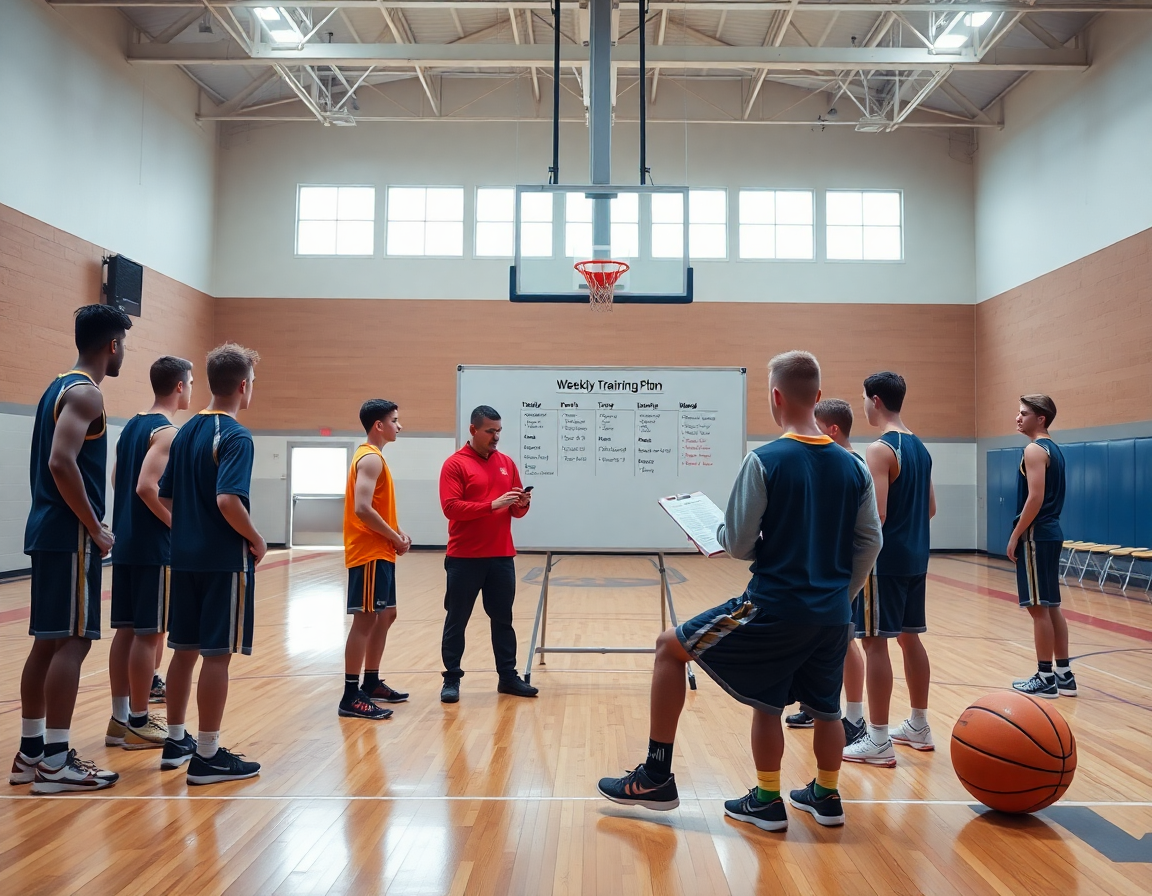 Allenatore in palestra di basket spiega la settimana agli altri giocatori, usando una tavola tattica.