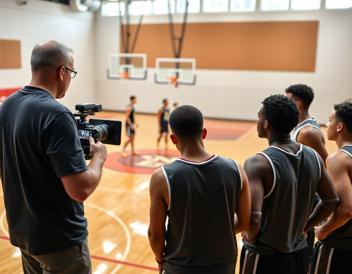 Una telecamera registra l'allenamento mentre il coach rivede clip sul monitor davanti ai giocatori.