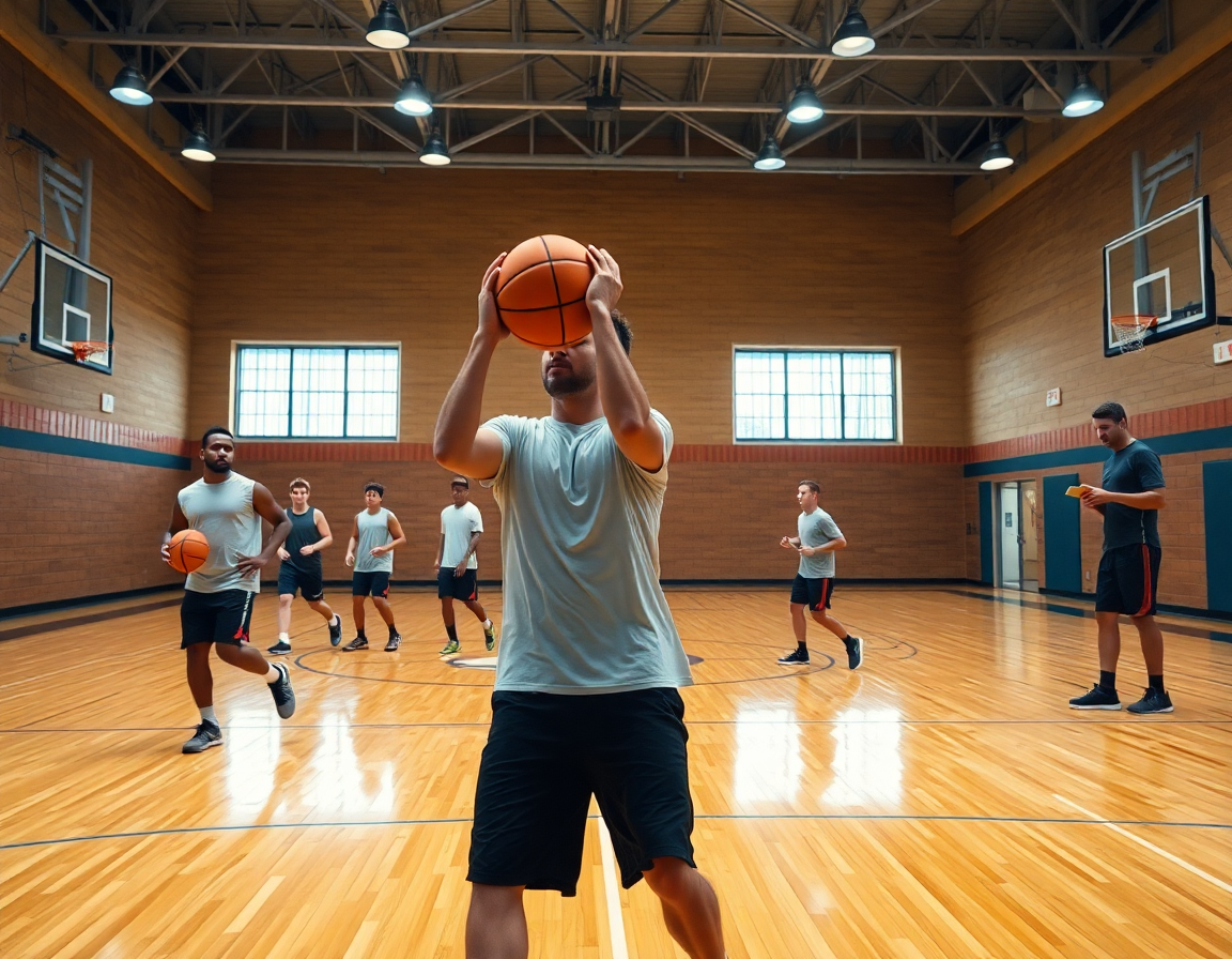 Esercizi di mobilità U14 in palestra di basketball; l'allenatore guida la transizione tra drill.