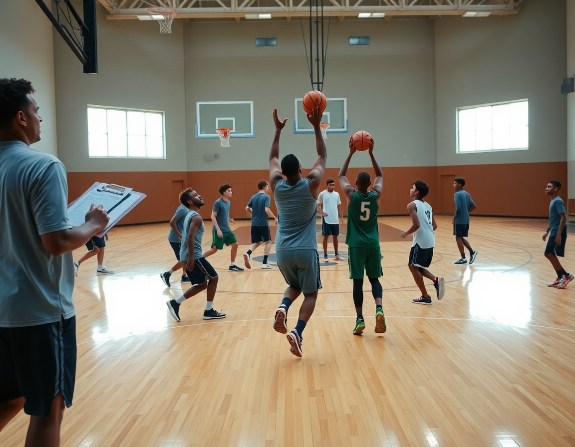 Giocatori eseguono esercizi basket u14 su campo di legno, guidati dall'allenatore con il taccuino.