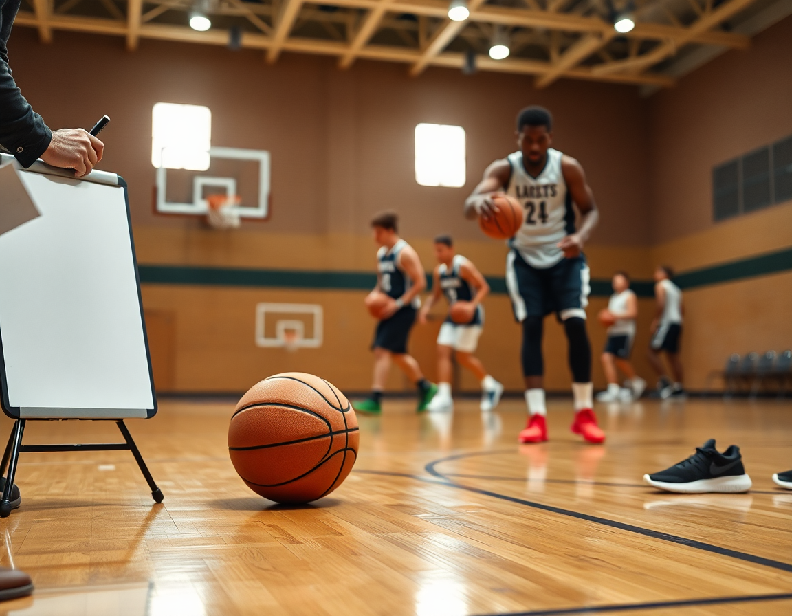 Primo piano su allenatore e giocatori con gli esercizi basket under 13 durante una fase di drill.