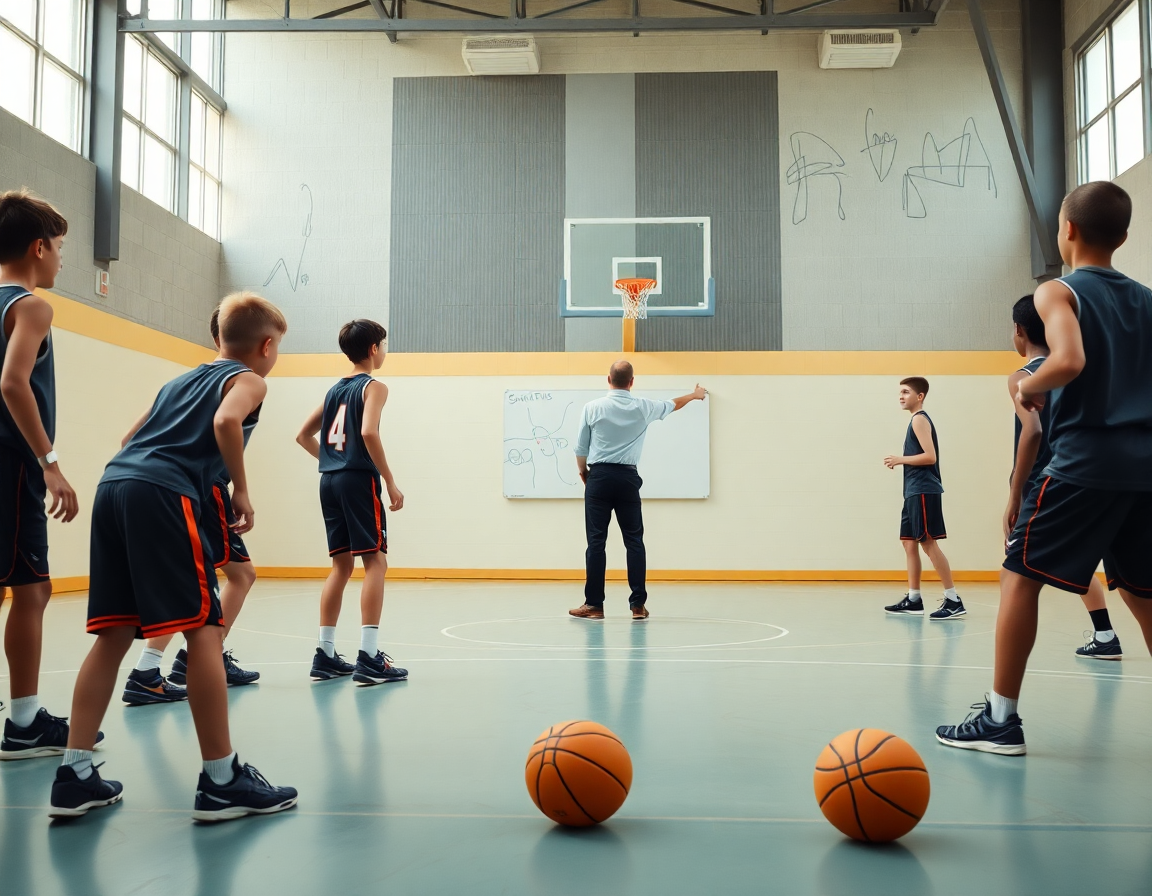 Scena difensiva in palestra con giovani giocatori basket under 13; esercizi basket under 13 su layout visivo.