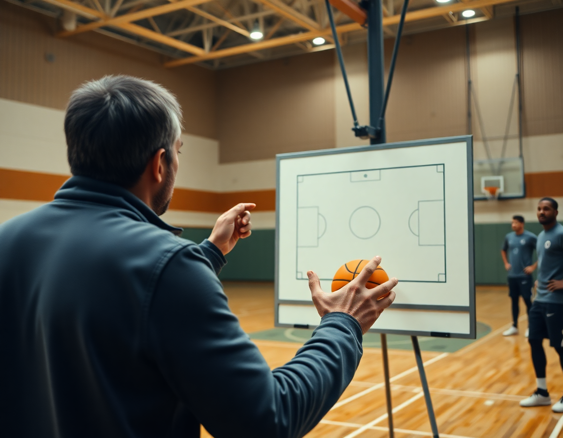Allenamento di esercizi blocchi basket nella palestra, coach guida la squadra durante la sessione.