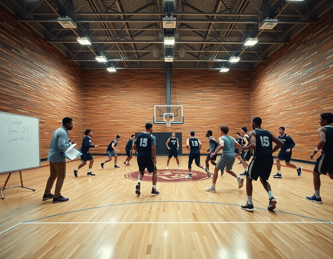 Allenamento di esercizi blocchi basket nella palestra: coach guida la squadra durante la sessione.