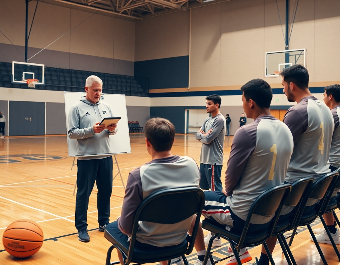 Analisi delle esercizi blocchi basket: coach guida la squadra con tablet durante la sessione.