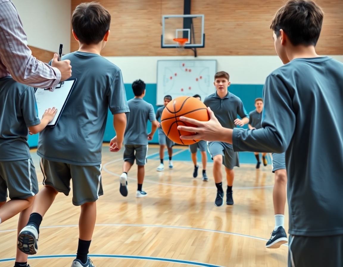 Allena e squadra Under 13 eseguono una rapida transizione, contropiede nel basketball durante drill in palestra.