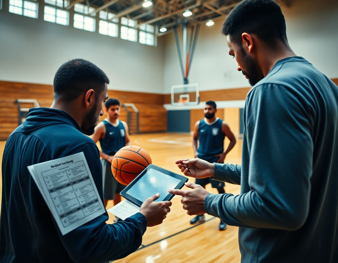 Il coach consulta video di basketball su tablet e scouting, mentre i giovani osservano sul parquet.