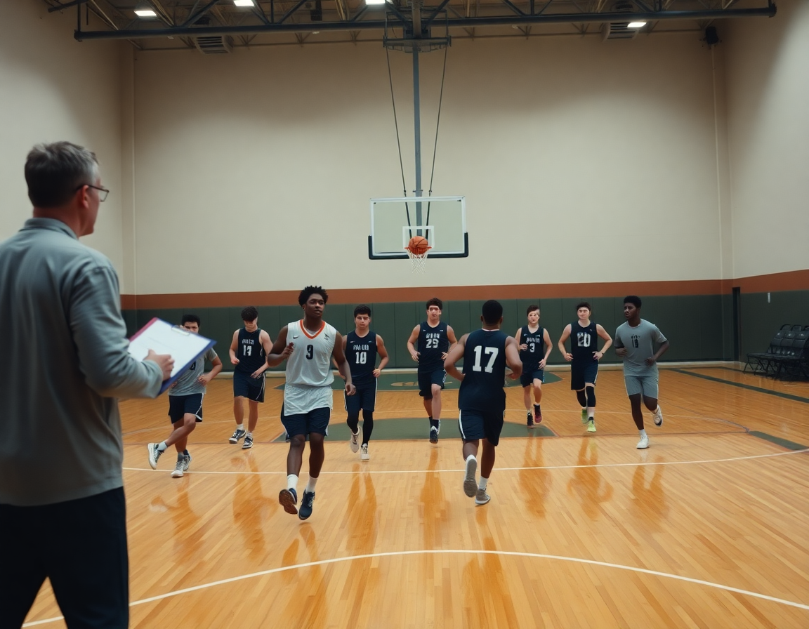 Scena completa di giocatori che corrono lungo il campo di basket, tiri Under 13 guidati dal coach.