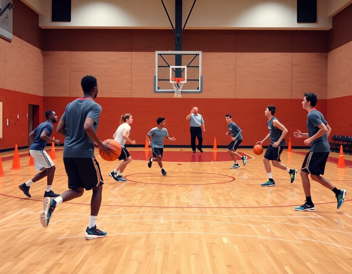 Primo piano: giocatori in movimento eseguono 2c2/3c3 sul parquet, pallacanestro under 16, coach dirige e osserva.