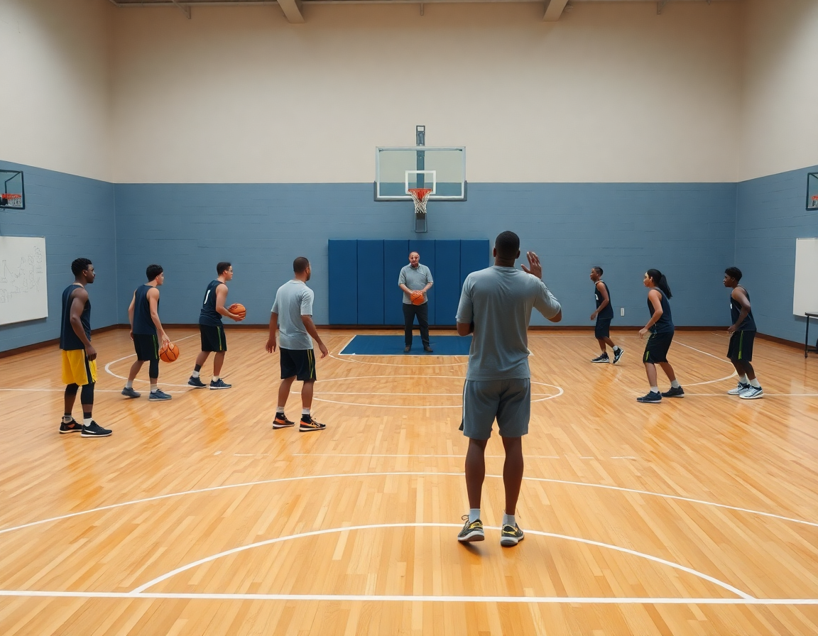 Secondo piano: esercizi di tiro e movimento 2c2/3c3 sul parquet, pallacanestro under 16, coach guida.