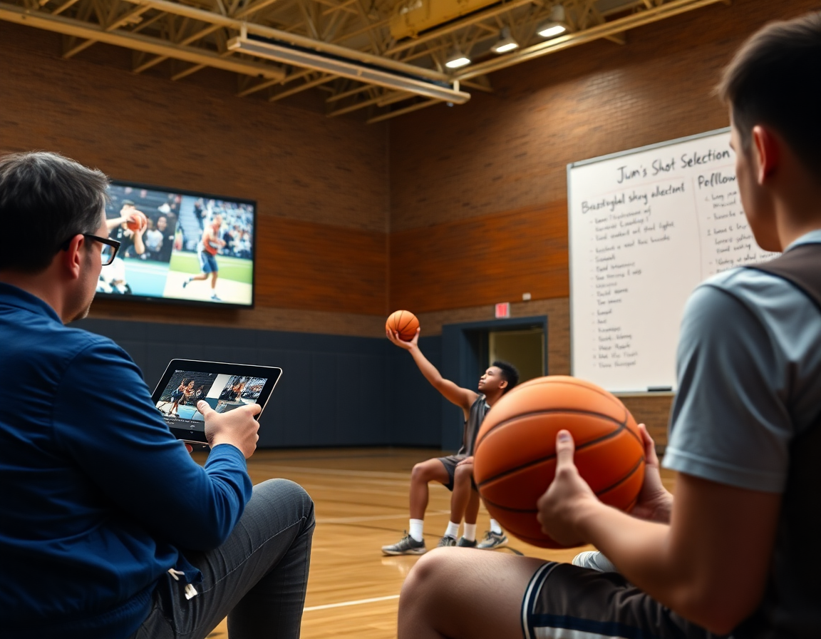 Terzo piano: video e scouting di tiro basket under 16, coach analizza clip sul tablet.