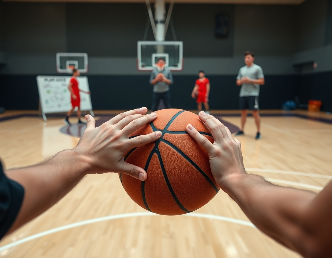 Ritratto ravvicinato delle mani con la palla durante gli esercizi difesa a zona basket, primo piano.