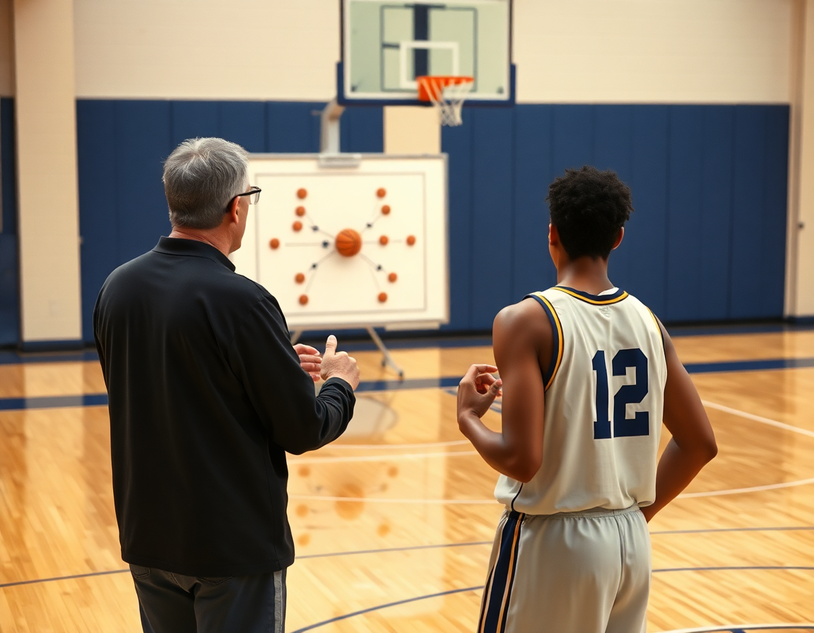 Allenatore vicino alla lavagna bianca disegna rotazioni difensive: esercizi difesa a zona basket in corso.