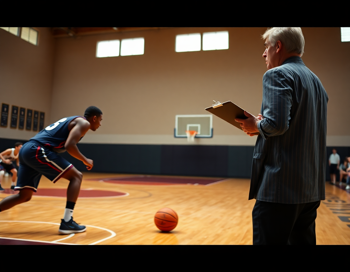 Dettaglio sul pallone arancione vicino alla linea di fondo durante gli esercizi difesa a zona basket.