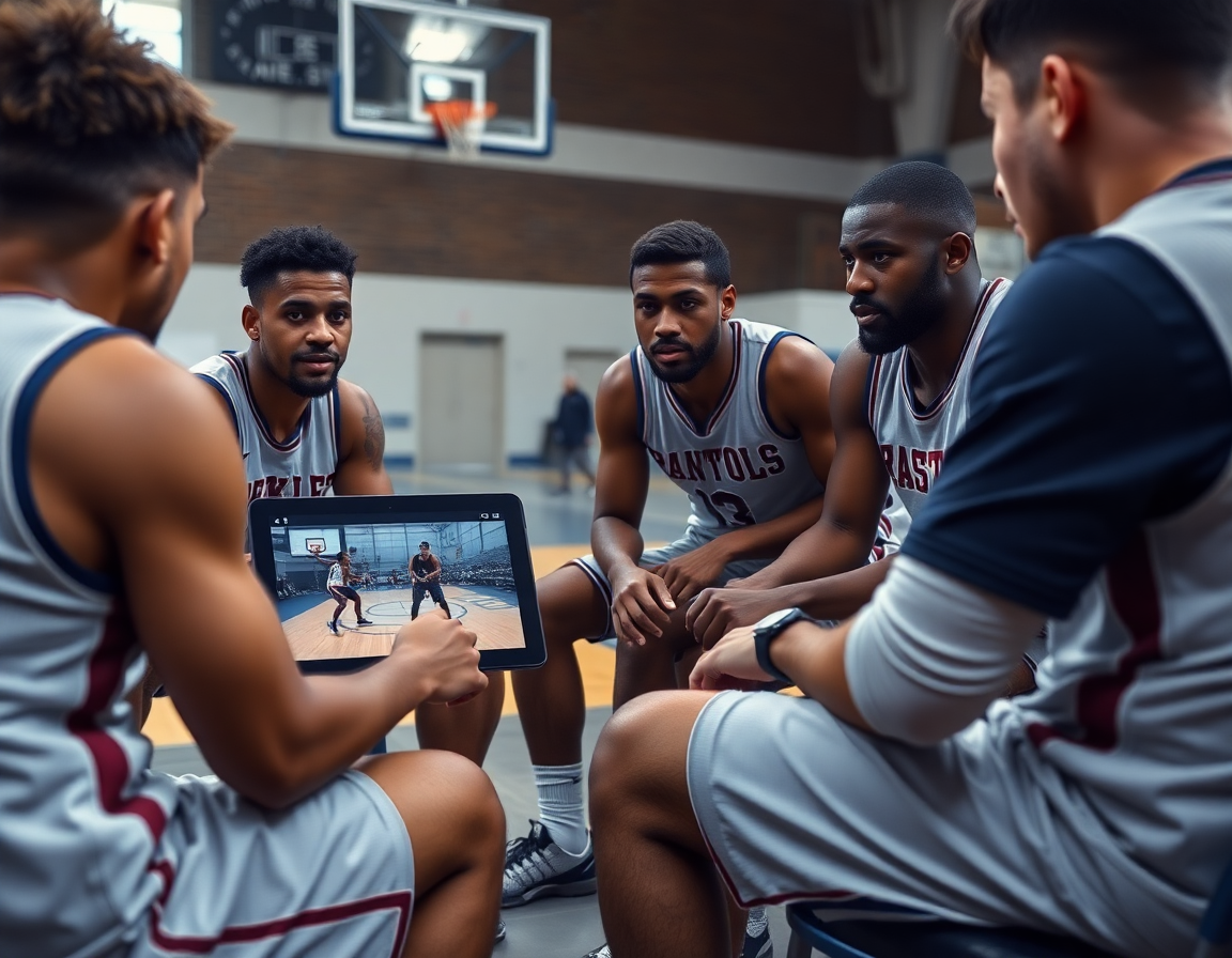 Analisi video di esercizi difesa della palla basket: giocatori osservano clip su schermo e il coach indica correzioni.